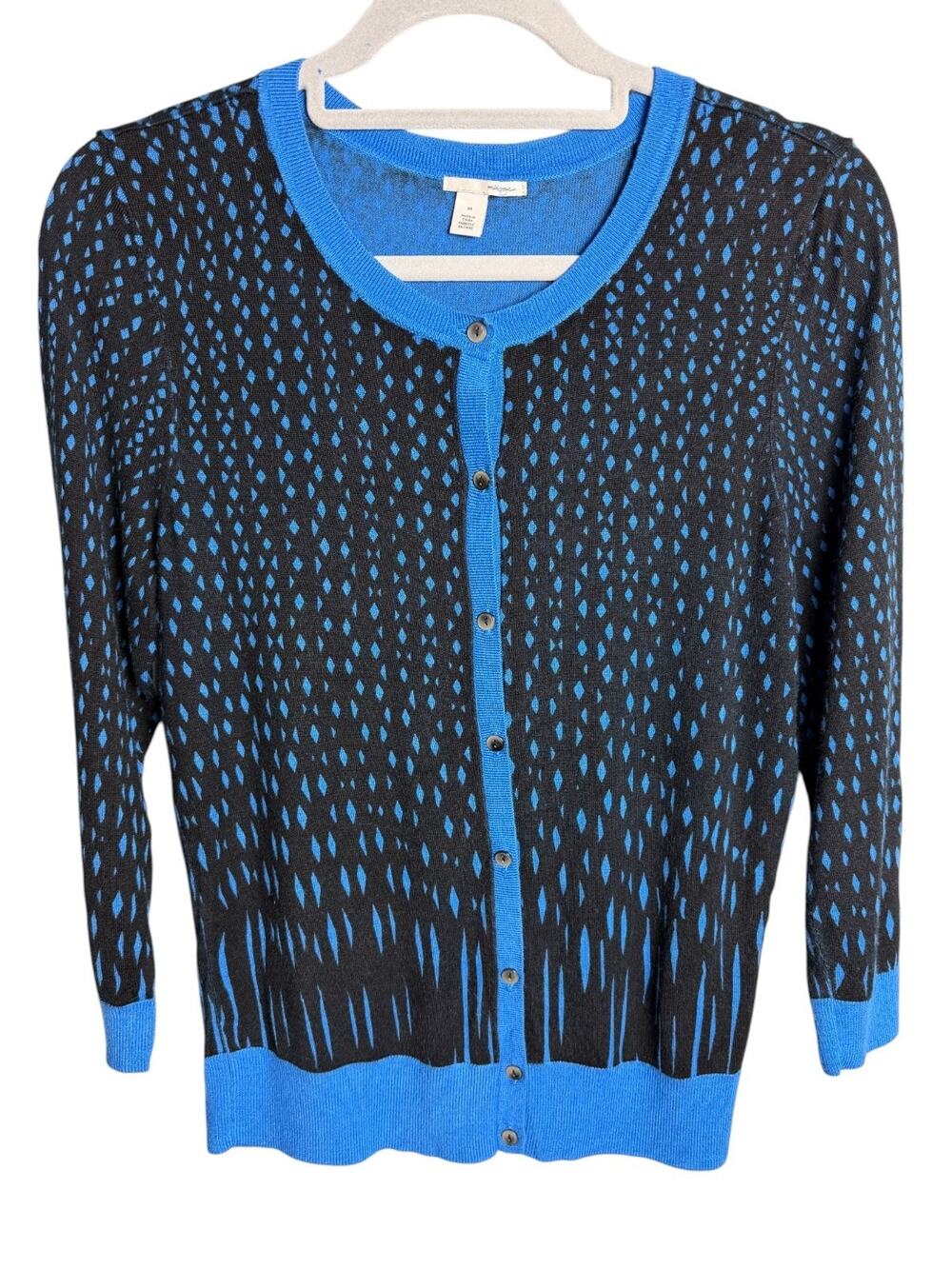 Halogen Women's Medium Black Blue Diamond Print Button Cardigan Long Sleeve